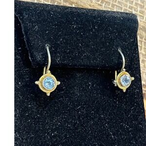 VTG 925 Blue Topaz Drop Earrings Silver Gold Tone French Wire Hook Clean Girl